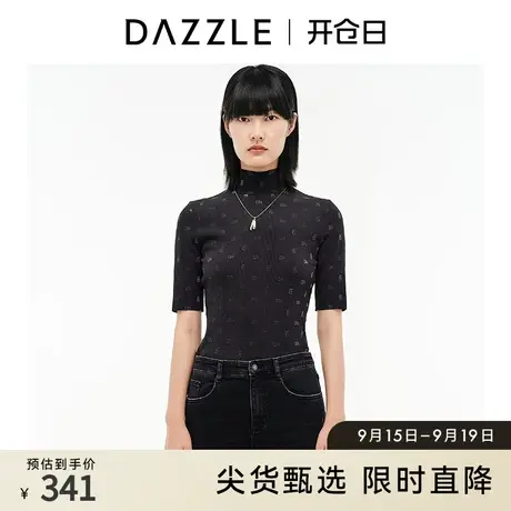 DAZZLE地素奥莱 黑色老花印花打底衫短袖T恤女2D4B4011A图片