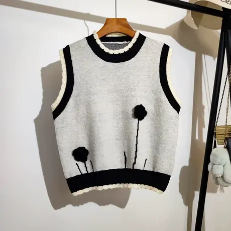 花朵针织马甲女秋冬新款韩版宽松圆领叠穿无袖坎肩毛衣背心外穿潮商品大图