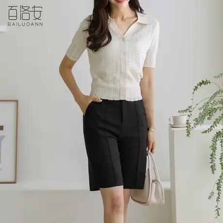 百洛安翻领针织衫女百搭薄款开衫夏季新款时尚镂空短袖空调衫上衣图片