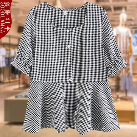 中年妈妈夏装格子短袖上衣洋气时尚加肥加大码女喇叭袖方领娃娃衫图片