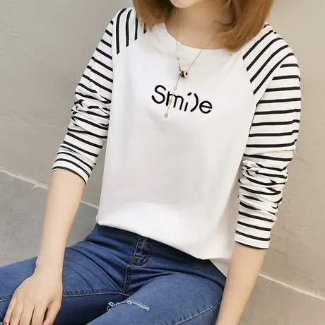 2件69元】长袖t恤女宽松白色条纹袖上衣2023春装新款纯棉大码体恤图片