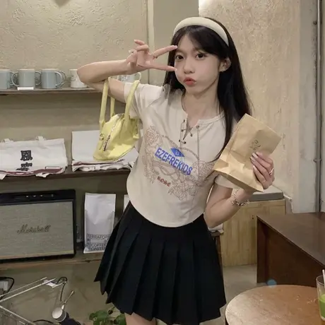 设计感镂空链条T恤女夏季韩版2023新款修身显瘦短款露脐短袖上衣商品大图