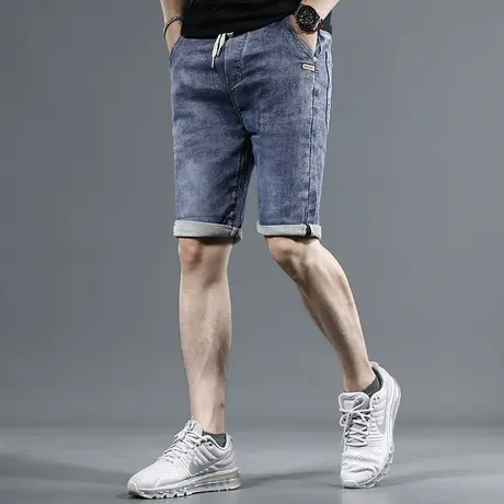 2023夏季新款牛仔短裤男蓝色潮牌修身潮流男士五分松紧腰休闲裤子商品大图