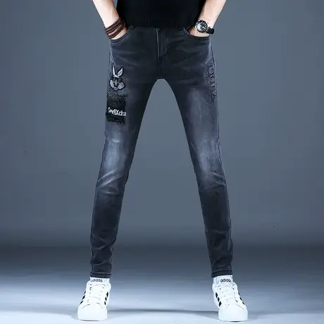 2023秋款季男士新款牛仔裤男款修身精致刺绣小脚裤子潮牌破洞秋款图片