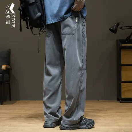 希越天丝莱赛尔拼接休闲裤男秋季百搭直筒裤秋冬宽松大码胖子长裤商品大图