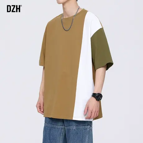 男士拼接短袖男美式痞帅衣服男装夏季双纱纯棉t恤2023新款体恤衫商品大图