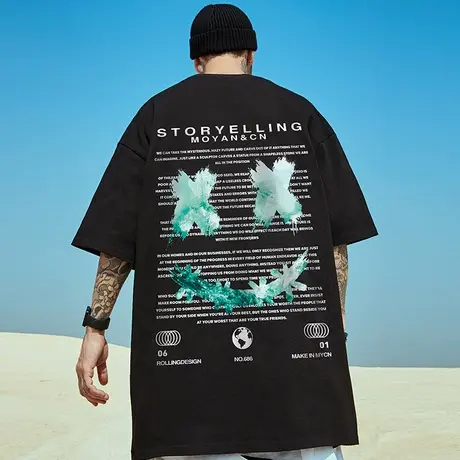 小恶魔oversize国潮t恤胖子男潮ins短袖潮牌宽松大码五分半截袖夏商品大图