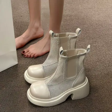 白色马丁靴女薄款夏季英伦风2023年新款时尚网纱透气镂空厚底短靴图片