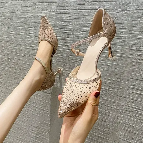 一字带网纱水钻高跟鞋女细跟2023年夏季新款性感百搭尖头浅口单鞋图片