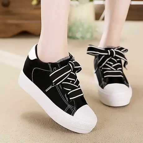 2023春季新款内增高帆布鞋女鞋板鞋学生韩版ins厚底黑色港味布鞋商品大图