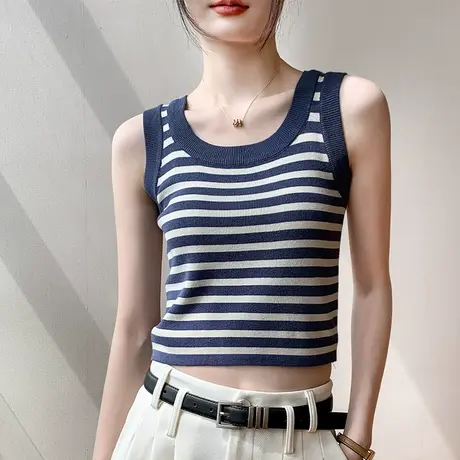 吊带背心女2025春季新款蓝色条纹遮副乳内搭无袖U领短款针织上衣商品大图