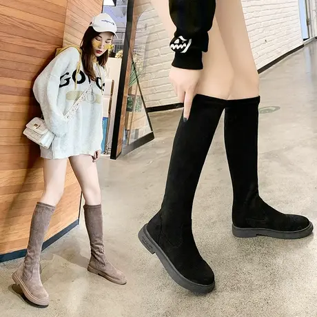 绒面长筒靴子女瘦瘦靴靴子女2024新款秋冬弹力靴厚底高筒靴袜靴女图片