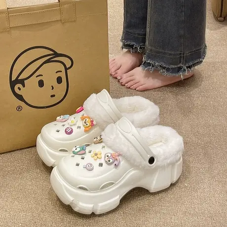 高跟洞洞鞋女士冬季卡通可爱加绒保暖松糕厚底防滑包头棉拖鞋外穿图片