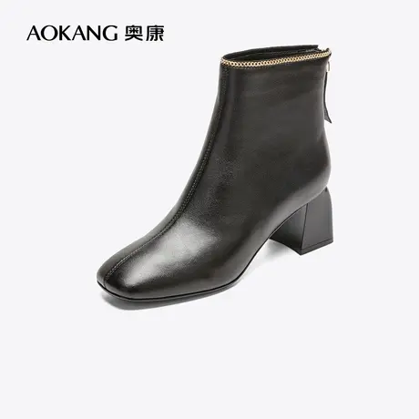 【门店发货】奥康女鞋2022冬季新款真皮时装靴粗高跟舒适方头短靴商品大图