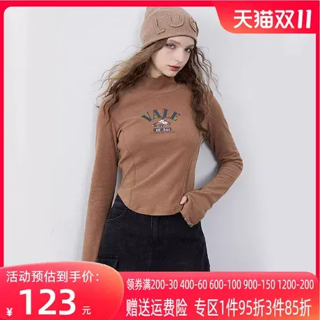 妖精的口袋长袖正肩打底衫t恤女2023冬新款修身显瘦印花高领上衣商品大图