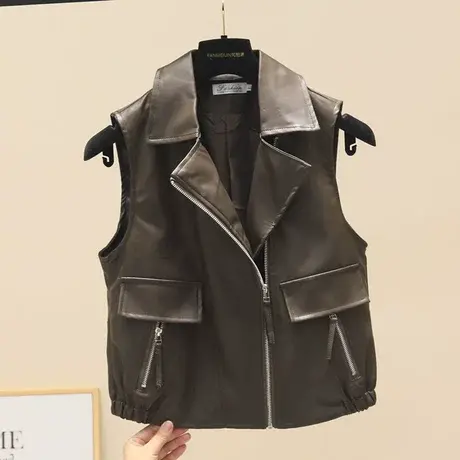 2023秋季新款pu皮马夹外套女无袖洋气百搭宽松休闲皮马甲背心上衣图片