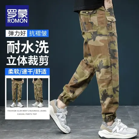 罗蒙男士纯棉迷彩休闲长裤2023夏季新款百搭时尚美式潮牌工装裤薄商品大图