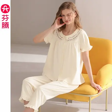 芬腾女士睡衣夏季纯棉短袖七分裤套装女款甜美休闲大码全棉家居服商品大图