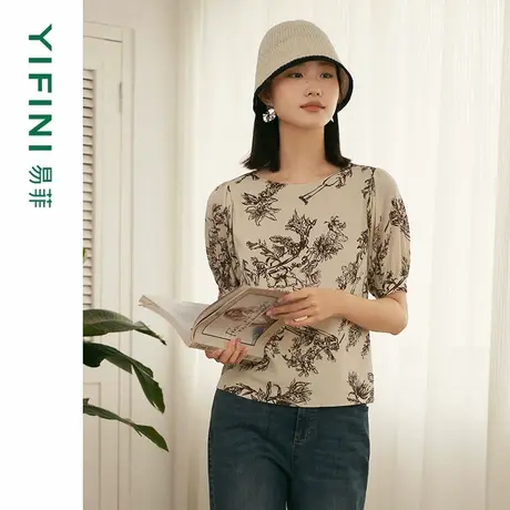[专柜同款]Yifini/易菲一字领印花简约通勤针织衫女春秋新款商品大图
