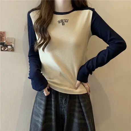 美式复古撞色插肩袖T恤女春秋修身显瘦短款小个子长袖上衣打底衫商品大图