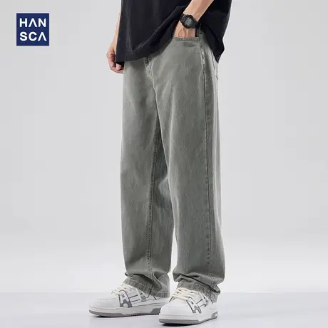 hansca灰色百搭宽松直筒牛仔裤男夏季新款简约纯色垂感拖地长裤子商品大图