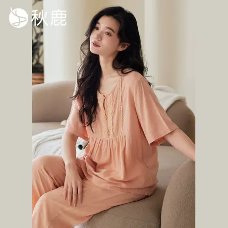 秋鹿柔软透气睡衣女夏季薄款梭织棉提花蕾丝短袖七分裤家居服套装商品大图