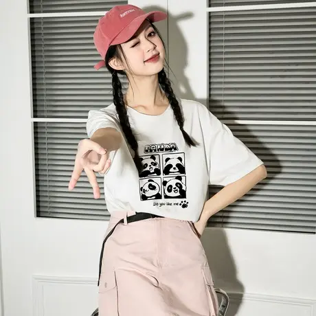唐狮新款熊猫印花圆领短袖女T恤夏纯棉内搭打底衫宽松上衣商品大图