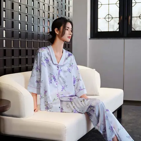 爱慕皇锦含真丝女士睡衣开襟七分袖分身家居服套装-九重紫HJ21544商品大图