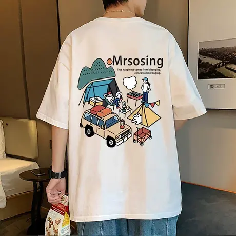 美式卡通短袖t恤男夏季oversize大码纯棉半袖ins潮圆领情侣上衣服商品大图