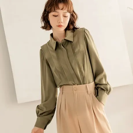 桔熊春秋季气质纯色翻领设计感褶皱舒适衬衫上衣女装大码AB17962图片