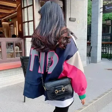 加绒加厚撞色拼接派克服女2023冬季韩版宽松显瘦连帽彩色棉服外套图片