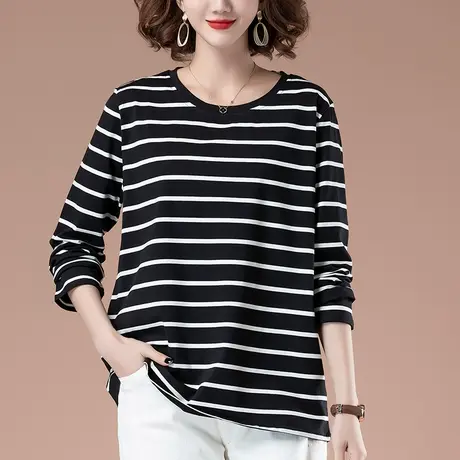 条纹打底衫女春秋季加肥加大码女装宽松百搭显瘦遮肚子长袖t恤女商品大图