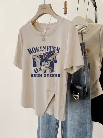 街头风大码T恤女显瘦遮肚2023新款夏季闺蜜短袖ins潮复古正肩上衣商品大图