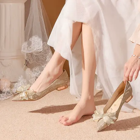 结婚鞋平底2023年新款香槟色小众高级感秀禾主婚纱两穿孕妇新娘鞋商品大图
