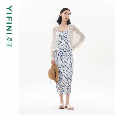 [专柜同款]Yifini/易菲海岛绒印花直筒中长款吊带裙女夏季连衣裙图片