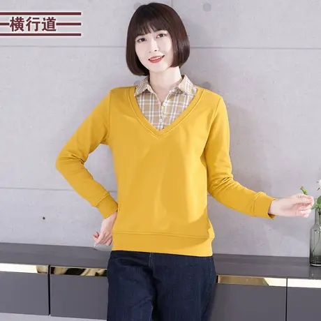 假两件衬衣领格子拼接长袖宽松卫衣2023新款女外套冬装纯色大码商品大图