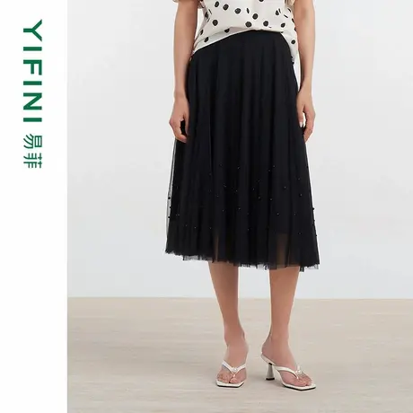 [专柜同款]Yifini/易菲通勤薄款网纱钉珠中长款半身裙女D04Q1406商品大图