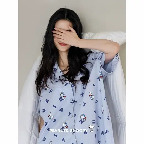 贝妍史努比睡衣女夏季新款纯棉短袖开衫家居服可爱女大码凉感套装商品大图