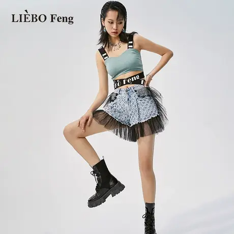 裂帛LIEBOFeng2023年新商场同款混搭风拼接网纱洞洞牛仔短裤图片