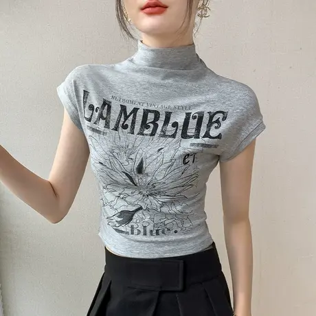 中高领短袖T恤女2023秋季新品美式复古修身设计感印花内搭打底衫商品大图