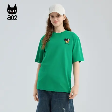 a02黑猫系列宽松圆领短袖T恤女2025夏季新款绿色纯棉设计感上衣图片
