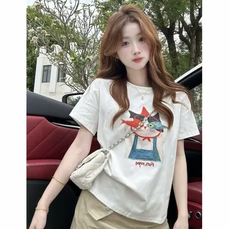 韩系小猫印花短袖t恤女2025夏季新款宽松设计感圆领白色上衣chic商品大图