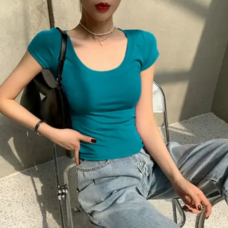 努推~颜色美哭了！百搭基础款U领显胸短袖T恤女短款修身纯棉上衣商品大图