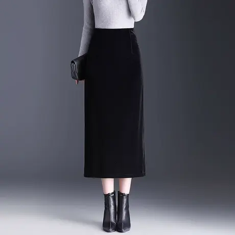 黑色金丝绒包臀裙女秋季显瘦半身裙2025新款高腰通勤开叉中长裙子商品大图