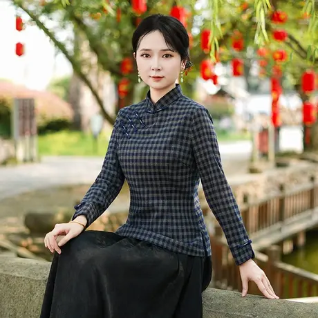 筠雅秋季新款复古改良新中式国风唐装女装斜襟长袖格子上衣25J335商品大图