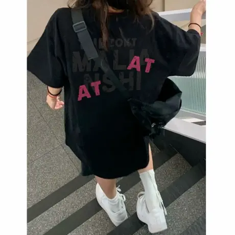 纯棉夏季美式落肩短袖t恤女2025新款设计感小众宽松潮牌半袖上衣商品大图