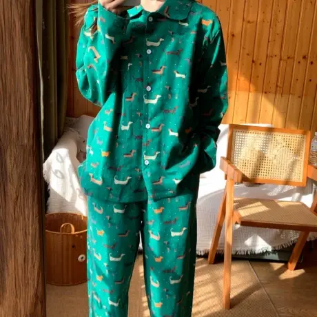 新品！复古绿狗狗全棉磨毛加厚家居服翻领长袖长裤睡衣套装可外穿商品大图