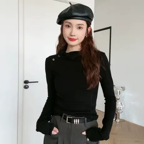 尔给长袖修身高领黑色打底衫女2023新款春秋可外穿气质短款上衣图片