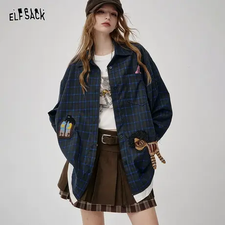 妖精的口袋复古格纹宽松衬衫女2025年秋季新款设计感休闲通勤上衣图片