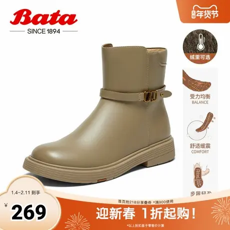 Bata时装靴女春秋商场新款粗跟百搭羊皮通勤软底短筒靴AKQ52CD4图片